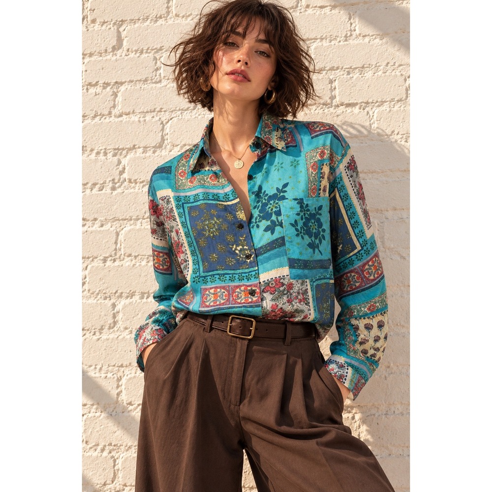 Vintage Robert Stock Blue Silk Patchwork Floral Button Down Shirt Small